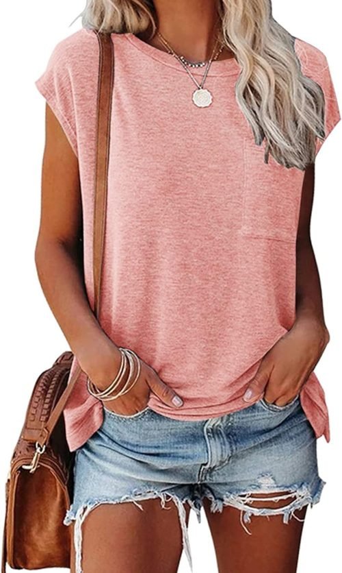 Womens Summer Short Cap Sleeve Shirts Solid Loose Fit Pocket Tunic Tops