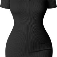 Women's Mini Dresses Sexy Ribbed Short Sleeve Tummy Control Bodycon Mini Dress