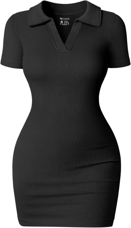 Women's Mini Dresses Sexy Ribbed Short Sleeve Tummy Control Bodycon Mini Dress