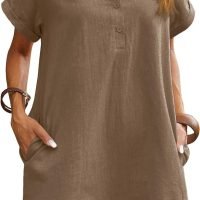 Womens Cotton Shirt Dress Summer Casual Short Sleeve Button Down Beach Cover Up Shirts with Pockets