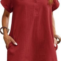 Womens Cotton Shirt Dress Summer Casual Short Sleeve Button Down Beach Cover Up Shirts with Pockets