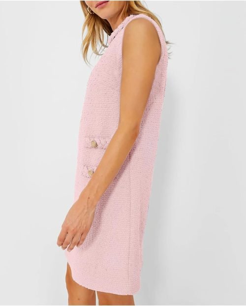 Women's Tweed Jackie Dress Crew Neck Sleeveless Elegant Vintage Button Bodycon A-line Mini Dresses