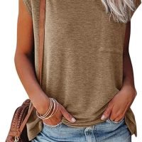 Womens Summer Short Cap Sleeve Shirts Solid Loose Fit Pocket Tunic Tops