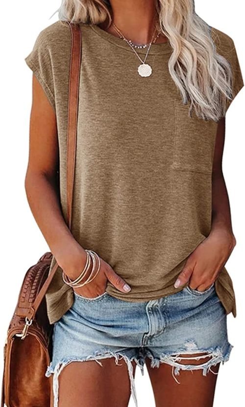 Womens Summer Short Cap Sleeve Shirts Solid Loose Fit Pocket Tunic Tops