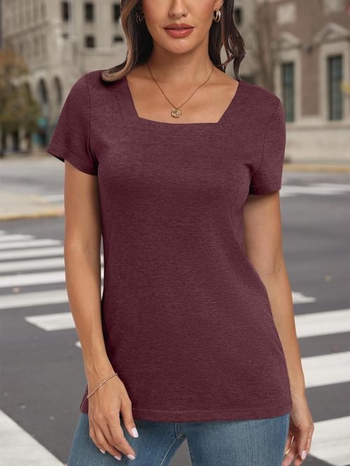 Womens Tops Casual Spring Summer Tshirts 2024 Short Sleeve Square Neck Basic Tee Outfits