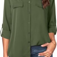 Women's Dressy Lapel Button Down Shirts for Work Office Business Casual Chiffon Blouse Tops