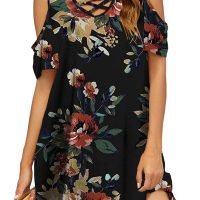 Women Summer Cold Shoulder Criss Cross Neckline Short Sleeve Casual Tunic Top Dress (S-3XL)