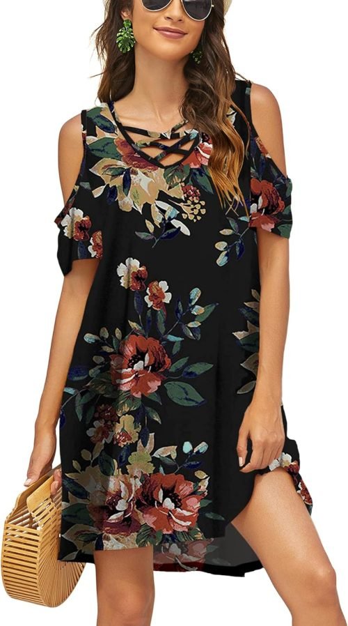 Women Summer Cold Shoulder Criss Cross Neckline Short Sleeve Casual Tunic Top Dress (S-3XL)