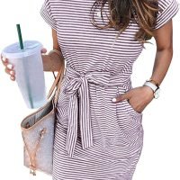 Women's Summer Striped Short Sleeve T Shirt Dress Casual Tie Waist with Pockets