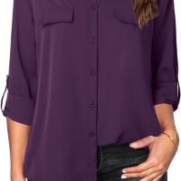 Women's Dressy Lapel Button Down Shirts for Work Office Business Casual Chiffon Blouse Tops