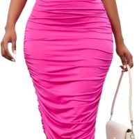 Women's Sexy One Shoulder Dresses Sleeveless Party Club Ruched Cocktail Wedding Guest Bodycon Midi Dress