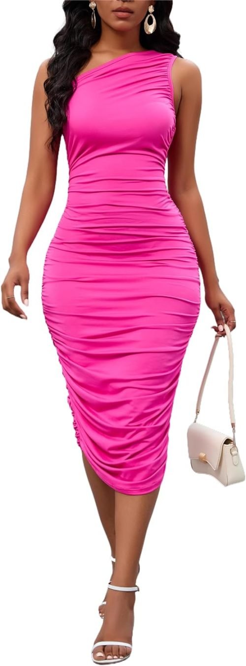 Women's Sexy One Shoulder Dresses Sleeveless Party Club Ruched Cocktail Wedding Guest Bodycon Midi Dress