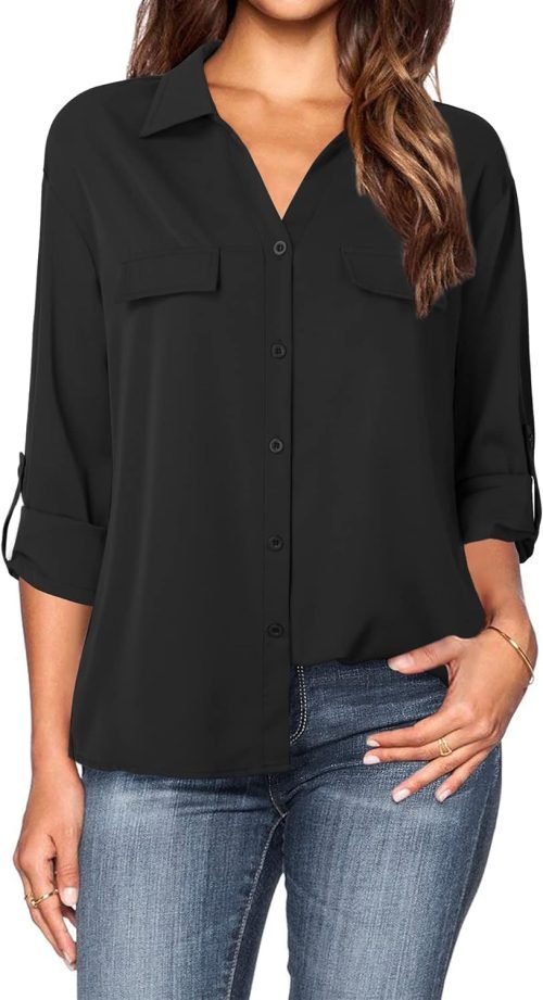 Women's Dressy Lapel Button Down Shirts for Work Office Business Casual Chiffon Blouse Tops