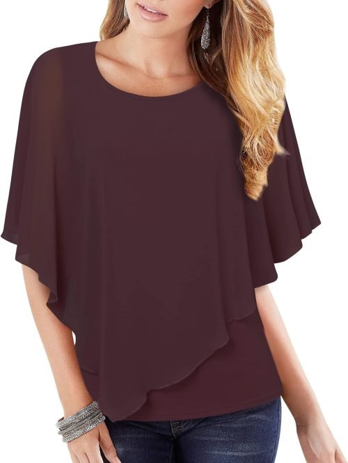Women's Lightweight Flowy Shirt Double-Layered Printed Chiffon Poncho Blouse Top