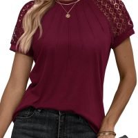 Womens Tshirts Trendy Fashion Tops Lace Short Sleeve Business Tee Shirts Casual Knitted Blouses Summer Outfits 2024