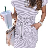 Women's Summer Striped Short Sleeve T Shirt Dress Casual Tie Waist with Pockets