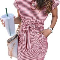 Women's Summer Striped Short Sleeve T Shirt Dress Casual Tie Waist with Pockets
