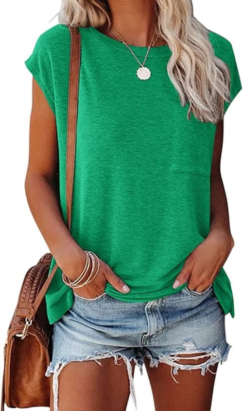 Womens Summer Short Cap Sleeve Shirts Solid Loose Fit Pocket Tunic Tops