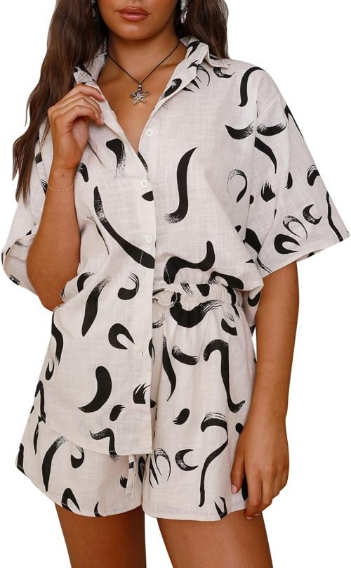 Womens 2 Piece Summer Beach Outfits Printed Short Sleeve Tops Lounge Shorts Casual Tracksuit Set