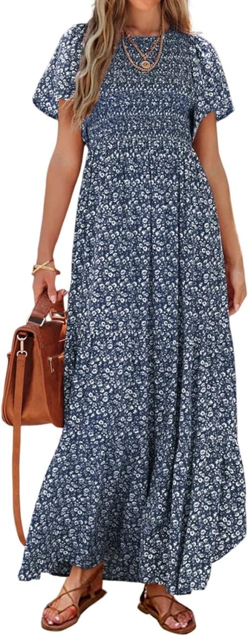 Women's Summer Casual Flutter Short Sleeve Boho Floral Maxi Dress Crew Neck Smocked Tiered Long Dresses, X-rose Red, Large