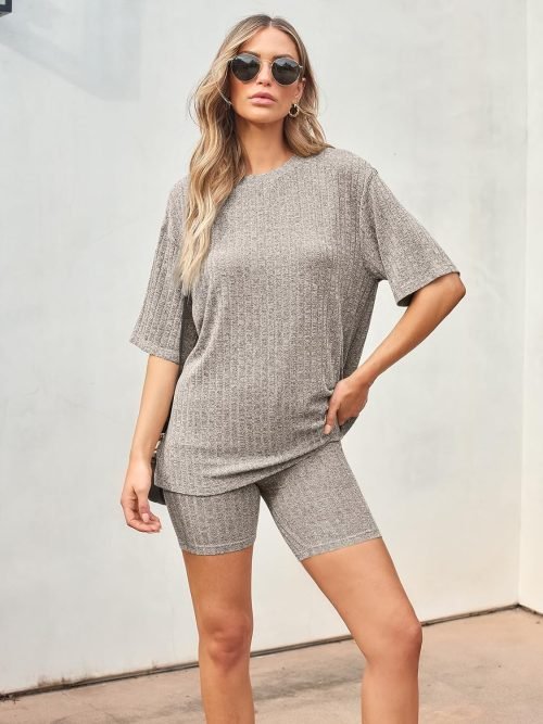 Women's Summer 2 Piece Outfits Lounge Sets Ribbed Knit Short Sleeve Loose Top and Bodycon Shorts Pajamas Set 2024