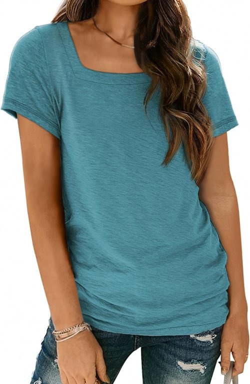 Womens Tops Casual Spring Summer Tshirts 2024 Short Sleeve Square Neck Basic Tee Outfits