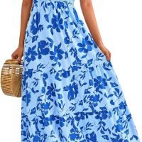 Women's Summer Casual Flutter Short Sleeve Boho Floral Maxi Dress Crew Neck Smocked Tiered Long Dresses, X-rose Red, Large