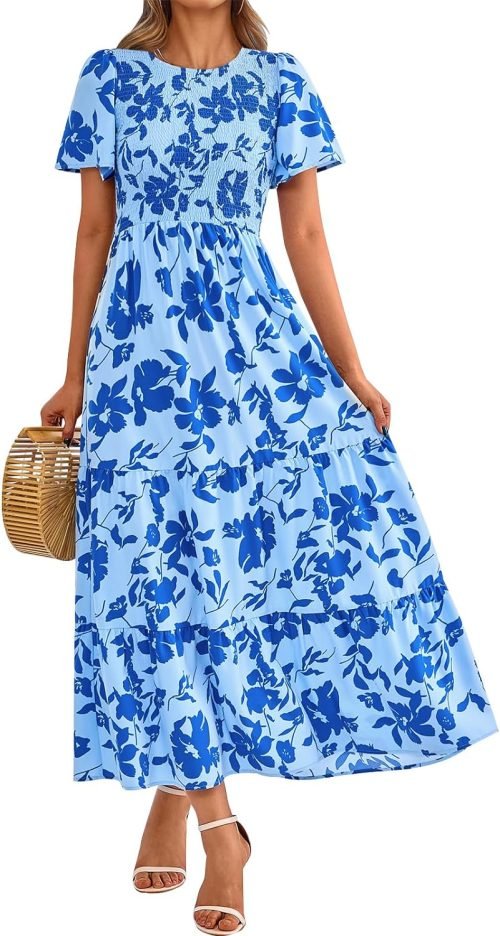 Women's Summer Casual Flutter Short Sleeve Boho Floral Maxi Dress Crew Neck Smocked Tiered Long Dresses, X-rose Red, Large