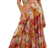 Women’s Floral Smocked Maxi Dress Boho Puff Sleeve Sweetheart A-Line Flowy Long Dresses Y2K Swing Beach Sundress
