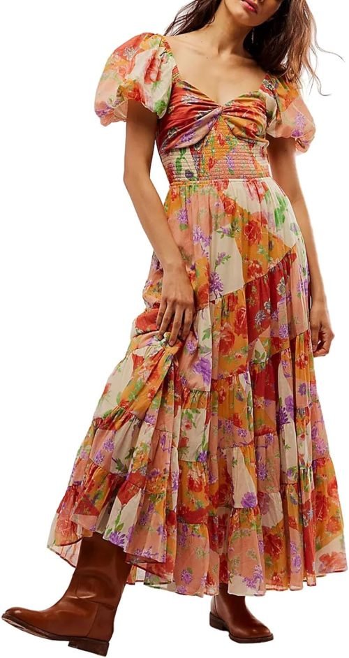 Women’s Floral Smocked Maxi Dress Boho Puff Sleeve Sweetheart A-Line Flowy Long Dresses Y2K Swing Beach Sundress