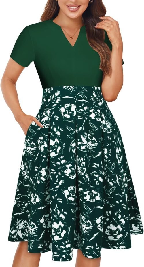 Womens Elegant Print Notched Neck Slant Pocket Pleated Hem Casual A-Line Dress