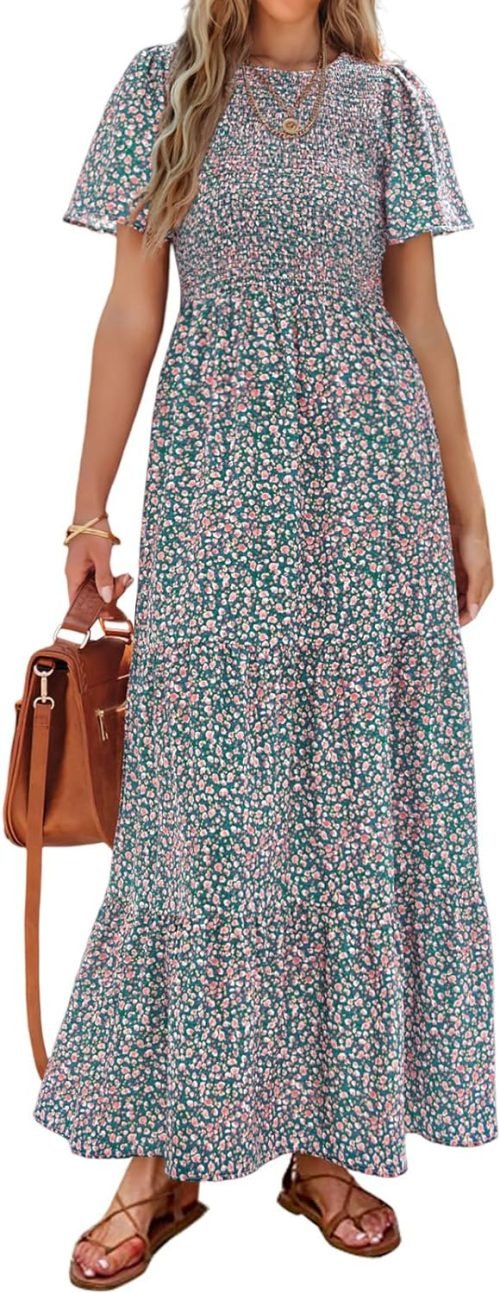 Women's Summer Casual Flutter Short Sleeve Boho Floral Maxi Dress Crew Neck Smocked Tiered Long Dresses, X-rose Red, Large