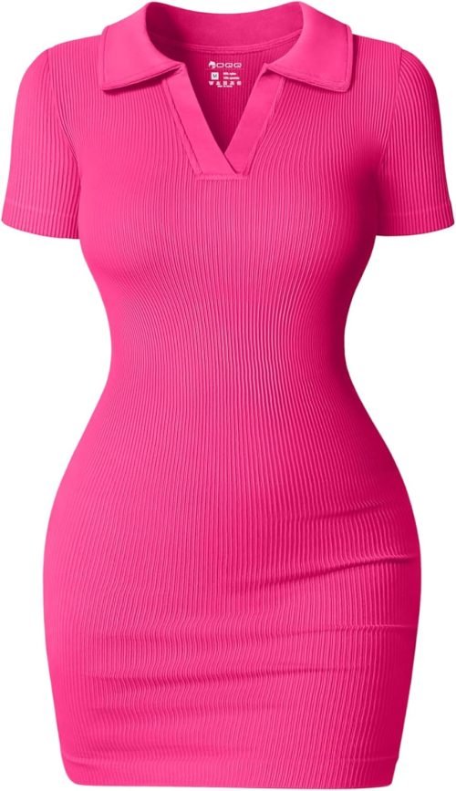 Women's Mini Dresses Sexy Ribbed Short Sleeve Tummy Control Bodycon Mini Dress