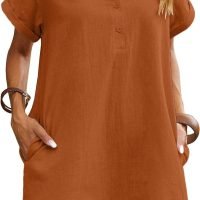 Womens Cotton Shirt Dress Summer Casual Short Sleeve Button Down Beach Cover Up Shirts with Pockets