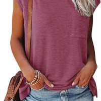 Womens Summer Short Cap Sleeve Shirts Solid Loose Fit Pocket Tunic Tops