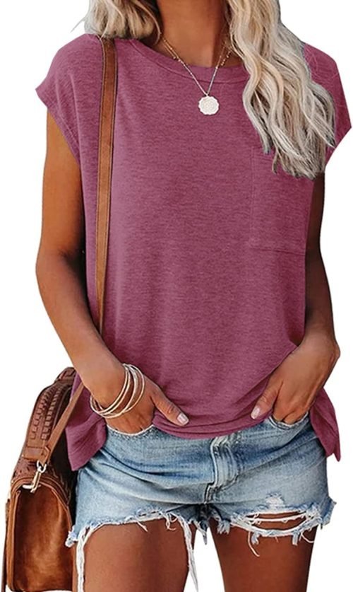 Womens Summer Short Cap Sleeve Shirts Solid Loose Fit Pocket Tunic Tops