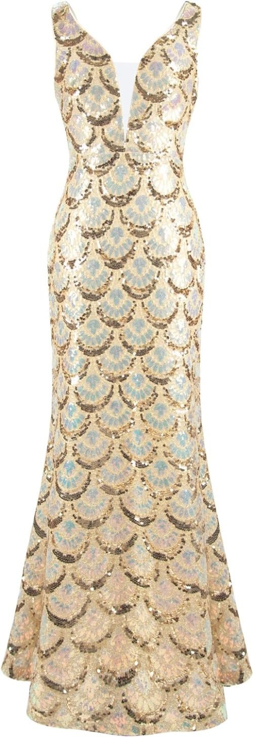 Women's V Neck Splicing Tulle Pattern Sequin Elegant Long Mermaid Prom Dress