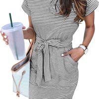 Women's Summer Striped Short Sleeve T Shirt Dress Casual Tie Waist with Pockets