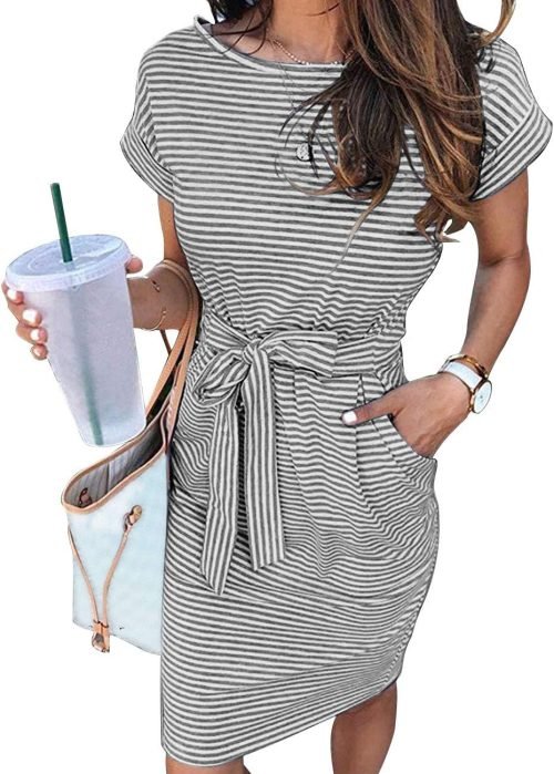 Women's Summer Striped Short Sleeve T Shirt Dress Casual Tie Waist with Pockets