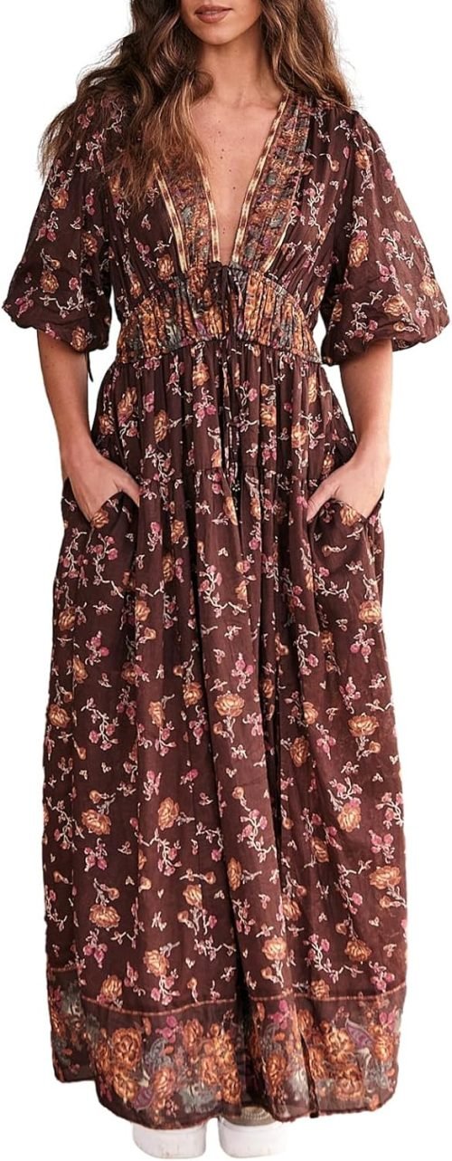 Women’s Floral Smocked Maxi Dress Boho Puff Sleeve Sweetheart A-Line Flowy Long Dresses Y2K Swing Beach Sundress