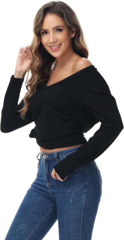 Women's Oversized T Shirts Fashion Long Sleeve Scoop Neck Top Shirts Loose fit Comfy Tees with Pockets