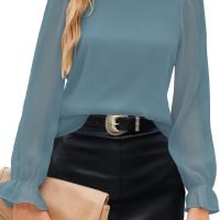 Womens Blouses Trendy Dressy Casual Tops Elegant Puff Long Sleeve Shirts Ruffle Mock Neck Plain Chiffon Outfits