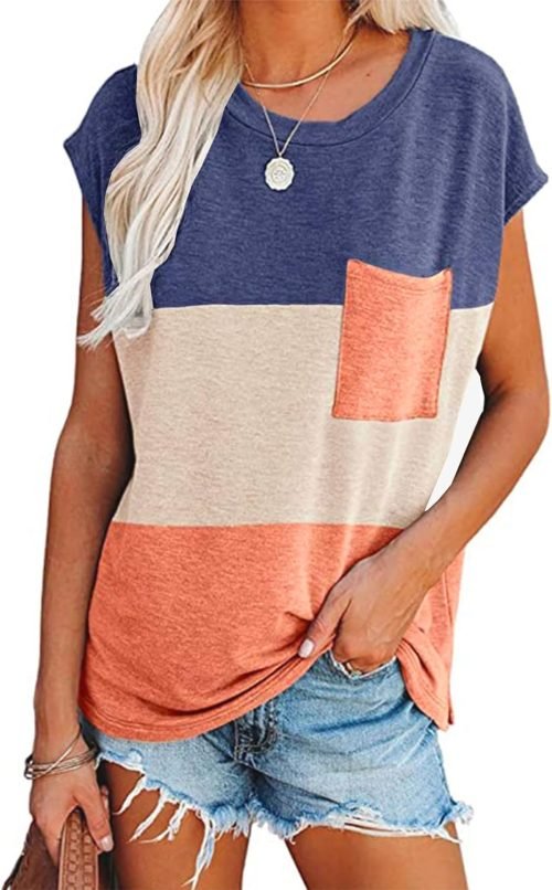 Womens Summer Short Cap Sleeve Shirts Solid Loose Fit Pocket Tunic Tops