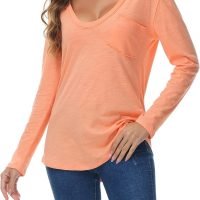 Women's Oversized T Shirts Fashion Long Sleeve Scoop Neck Top Shirts Loose fit Comfy Tees with Pockets
