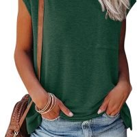 Womens Summer Short Cap Sleeve Shirts Solid Loose Fit Pocket Tunic Tops