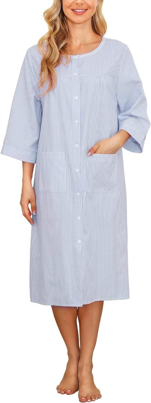 Women House Dress Snap Front Nightgown 3/4 Sleeve Housecoat Duster Robe with Pockets Moomoo Patio Dress
