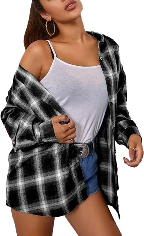 Plaid Flannel Button Down Shirts for Women Oversized Dressy Casual Long Sleeve Tops Blouse
