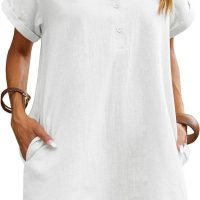 Womens Cotton Shirt Dress Summer Casual Short Sleeve Button Down Beach Cover Up Shirts with Pockets