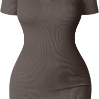 Women's Mini Dresses Sexy Ribbed Short Sleeve Tummy Control Bodycon Mini Dress