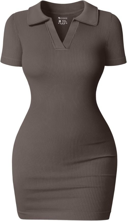 Women's Mini Dresses Sexy Ribbed Short Sleeve Tummy Control Bodycon Mini Dress